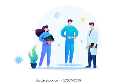 Consultation of doctors, discussing the patient's card. Keeps a social distance and wears masks. Flat 2D. Vector illustration for web design