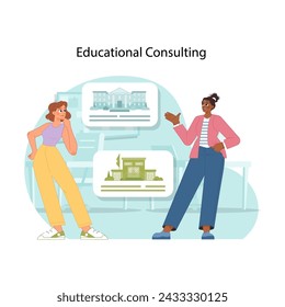 Consultation in education. Advisor shares insights on academic institutions options, highlighting the personalized approach of educational consulting. Choosing schools and universities. Flat vector