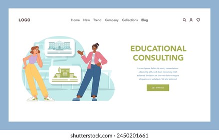 Consultation in education. Advisor shares insights on academic institutions options, highlighting the personalized approach of educational consulting. Choosing schools and universities. Flat vector