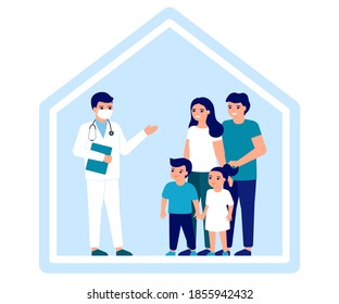 Consultation of family doctor at home. Advice doctor, supervision family, family doctor. Health care, prevention and treatment father, mother and children. Vector illustration