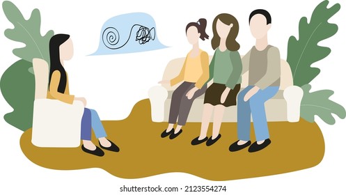 Consultation of a family with a teenager with a psychologist. Discussing the difficulties and problems of adolescence. Professional help in choosing a future career. Flat vector illustration