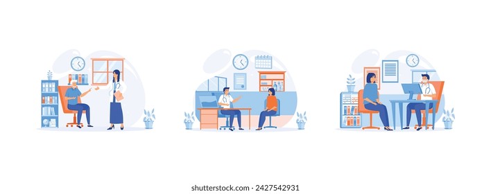 Consultation with a Geriatrician Doctor, Practitioner doctor man and young woman patient in hospital medical office, Physycian sitting at the desk with monitor. 