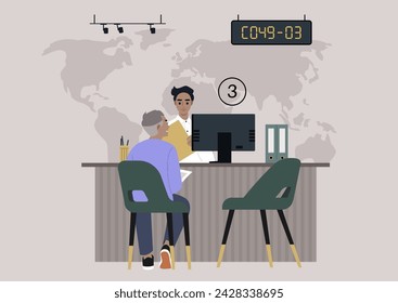 Consultation Hour, Senior Client Receives Financial Guidance at Local Bank Branch, an elderly customer engages with an employee at a service desk