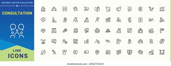 Conjunto de iconos de consulta. Conjunto de iconos de consulta. Iconos de estilo lineal delgado. Contiene gestión de proyectos, optimización de procesos, cabecera, oficina, información y más. Pictograma e infografía.