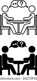 Iconos de consulta. Ilustraciones vectoriales blancas y negras. Un Especialista Da Consejos. Dos Personas sentadas a la mesa y hablando. Concepto de habla