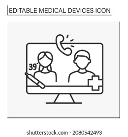  Consultation line icon. Video conference with doctor. Ill woman call specialist. Temperature. Flu. Medical devices concept. Isolated vector illustration. Editable stroke