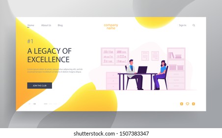 Consultation with Medical Specialist Website Landing Page. Woman at Medicine Appointment Sitting in Practitioner Office with Doctor Working on Laptop Web Page Banner. Cartoon Flat Vector Illustration