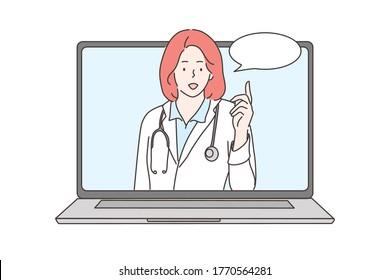 Consultation, Medicine, Health, Care, Online, Conference Concept. Young Woman Doctor Consultant Talking Online With Patient Making Video Call Looking At Camera. Remote Therapy Session And Examination.