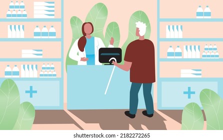 Consultation of an old man with a pharmacist in a pharmacy. Flat vector stock illustration with medical setting situation