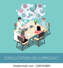 Consultation on surrogacy of married couple in doctors office in presence of surrogate mother isometric vector illustration