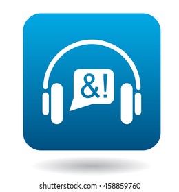 Consultation online by phone icon in flat style in blue square. Device symbol