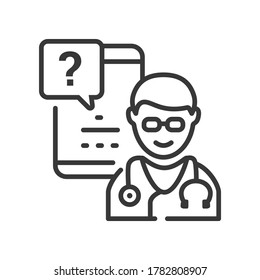 Consultation online - line design single isolated icon on white background. High quality black pictogram. Images of a doctor with stethoscope and smartphone with question mark. Digital health theme