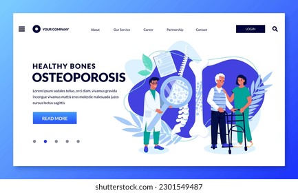 Consultation of osteopathy and osteoporosis symptoms concept. Nurse helps to elderly male patient. Doctor diagnostics spine bones. Vector flat cartoon illustration