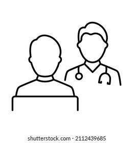 Consultation Of Patient And Doctor With Stethoscope Line Icon. Hospital Physician Counseling Patient Linear Pictogram. Health Care Dialog Outline Icon. Editable Stroke. Isolated Vector Illustration.