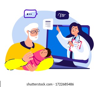 Consultation Pediatrician, Video.Old Pensioner Caring Grandfather Dundle Kid Baby Child.Online Doctor Conversation.Coronavirus Epidemic Quarantine.Internet Laptop.Home Consultation.Vector Illustration