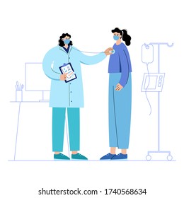 Consultation with a practitioner with mask in clinic. Health check with stethoscope. Doctor is ready to help coronavirus patient. Flat vector illustration. Adult female cartoon characters