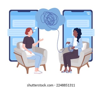 Consulta con el psicólogo de ilustración de vector de concepto plano. Sesión online con terapeuta. Personajes editables de dibujos animados 2D sobre blanco para el diseño web. Idea creativa para sitio web, móvil, presentación