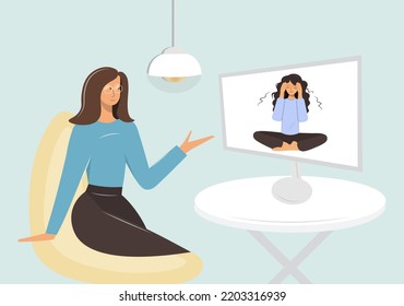 Consultation of a psychologist or psychotherapist. Psychotherapy online. On the screen is a poor depressed woman. Support concept. Vector illustration of psychological help service. Flat cartoon style