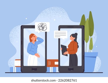 Consultation with psychologist. Woman communicates by video call with doctor, online specialist advice. Mental health and psychological help. Mental tangled rope. Cartoon flat vector illustration