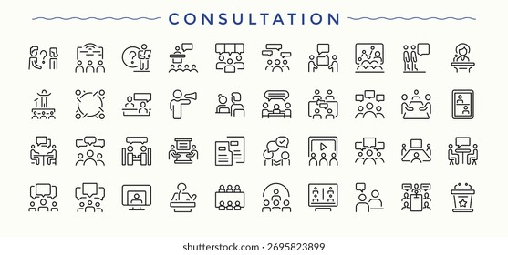 Consultation simple icon set. Includes thin line symbols business, 6on, consulting, strategy, service and more. Service line icon set. Icons for UI design. Signs for web and mobile app.