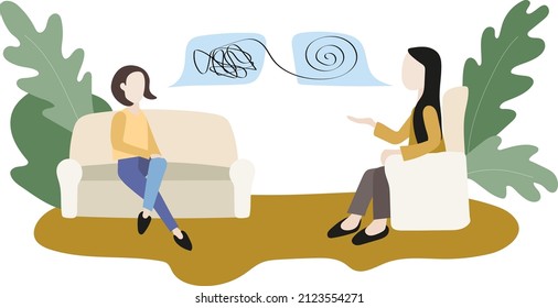 Consultation of a teenager with a psychologist. Discussing the difficulties and problems of adolescence. Professional help in choosing a future career. Flat vector illustration