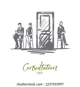 Consultation, testing, candidate, recruiting concept. Hand drawn people in office before testing concept sketch. Isolated vector illustration.