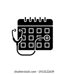 Consultation Time Black Glyph Icon. Primary Care Doctor Visit. Physician Workload. Clinical Examination Time Length. Medical Advice. Silhouette Symbol On White Space. Vector Isolated Illustration