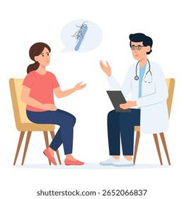 Consulta com um tricólogo. Alopecia e problemas de cabelo, calvície. Mulher sentindo-se chateada por causa da perda de cabelo.Ilustração vetor
