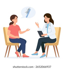 Consulta com um tricólogo. Alopecia e problemas de cabelo, calvície. Mulher sentindo-se chateada por causa da perda de cabelo.Ilustração vetor
