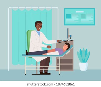 Consultation in the ultrasound office. Patient at the appointment with a gastroenterologist. Doctor conducts an ultrasound of patient's abdominal cavity. Physician works with special equipment