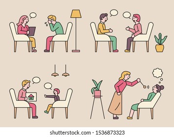 Consultation with various psychologists. flat design style minimal vector illustration.