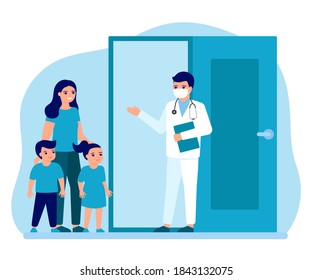 Consultation of woman patient with children at entrance to office doctor. Advice doctor, supervision family. Prevention and treatment mother with kids to maintain health. Vector