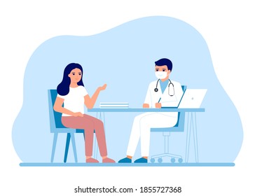 Consultation of woman patient in clinic medical office. Medical advice, doctor supervision. Prevention and treatment to maintain health. Vector illustration