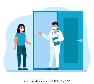 Consultation of woman patient at entrance to office, advice, doctors supervision. Appointment for medical injection, flu shots, virus vaccinations. Prevention and treatment to maintain health. Vector