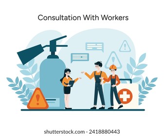 Consultation With Workers vector. Showcasing collaborative hazard communication and emergency preparedness with OSHA guidelines. Team safety engagement. Flat vector illustration