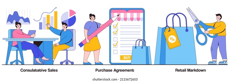 Consultative sales, purchase agreement, retail markdown concept with tiny people. Marketing and promotion vector illustration set. Terms and conditions, product price, b2b selling, discount metaphor.