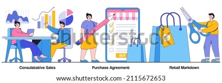 Consultative sales, purchase agreement, retail markdown concept with tiny people. Marketing and promotion vector illustration set. Terms and conditions, product price, b2b selling, discount metaphor.