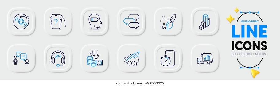 Consulting, 3d chart and Weariness line icons for web app. Pack of Paint brush, Consulting business, Ask question pictogram icons. Deflation, Vinyl record, Timer app signs. Graph chart. Vector