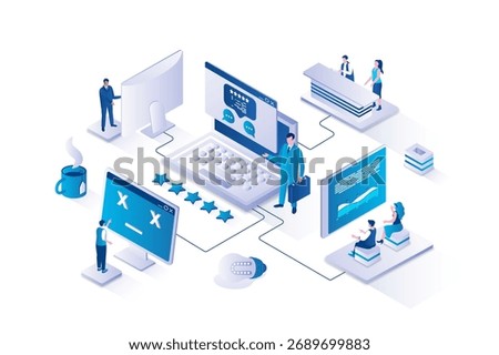 Consulting 3d isometric concept with isometry people design for web. Business team doing management and administration, making accounting report, getting expert consultation. Vector illustration.
