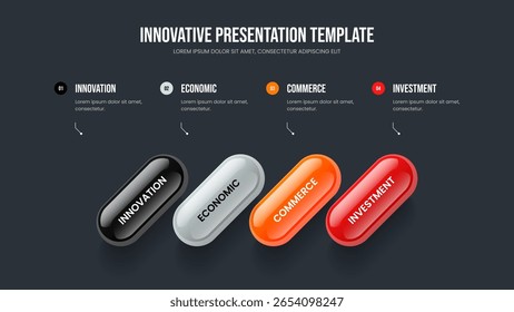 Consulting Analysis Four Element Diagram Slide Design. Creative Growth 4 Option Infographic Slideshow Layout. Investor Strategy Presentation Template Vector Illustration.