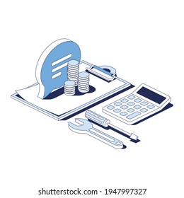 Consulting, assistant, contract document, coins, repair service tools, calculator. Vector 3d line isometric, web icons, blue color. Creative design idea for infographics.
