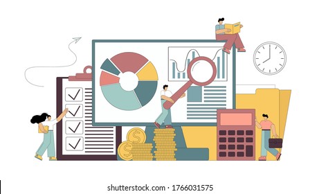Consulting auditor audit financial reporting concept. Flat people study the documentation, count on the calculator, make a report on the work done. Vector isolated illustration.