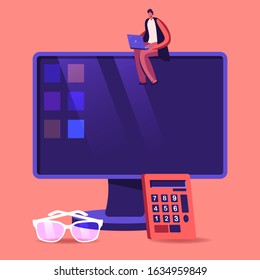 Consulting Auditor Auditing Financial Report Data of Company Balance Statement Sitting on Huge Computer Desktop with Calculator and Glasses beneath, Business Charts. Cartoon Flat Vector Illustration