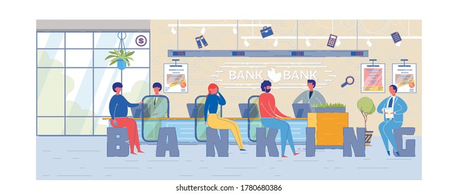 Consulting Bank Customers Word Concept Banner. Clients Talking to Banking Institution Workers. Cartoon Man Waiting in Queue for Electronic Ticket Number. Modern Banking Services Promo Poster