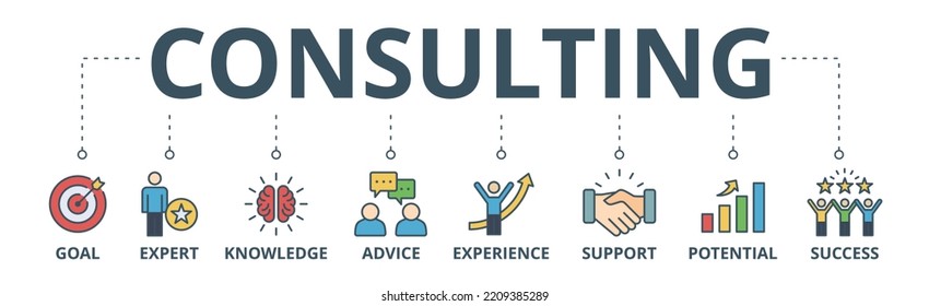 Concepto de ilustración vectorial de icono web de banner de consultoría para consulta empresarial con un icono de objetivos, expertos, conocimientos, asesoramiento, experiencia, apoyo, potencial y éxito
