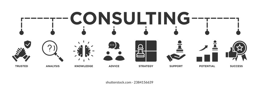 Consulting banner web icon vector illustration concept for business consultation with an icon of Trusted, Analysis, Knowledge, Advice,Strategy, Support, Potential, and Success	