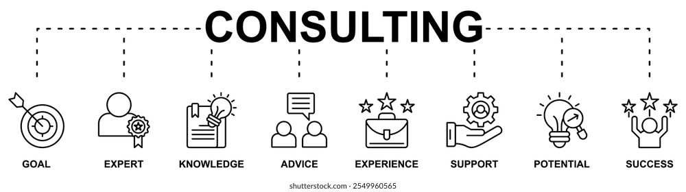 Conceito de ilustração vetorial de ícone da Web com ícone de objetivo, especialista, conhecimento, conselho, experiência, suporte, potencial, sucesso
