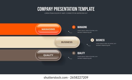 Plantilla de diapositivas de infografía de 3 elementos. Diseño de marco de diagrama de tres pasos. Ilustración vectorial de diseño de presentación de análisis visual.