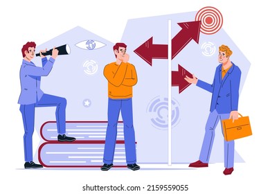 Consulting and business advice. Business people choose the right way and make a decision. Business strategy, guidance and choice, flat vector illustration isolated on white background.