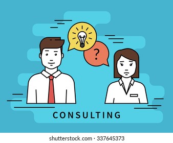 Consulting business. Flat line contour illustration of business woman and male consultant with question and idea speech bubbles